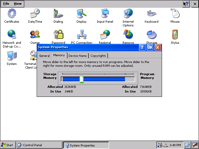 Windows CE properties window